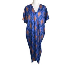 ZARA Womens Printed Kaftan Dress Sz Small Blue Oversized V Neck Boho