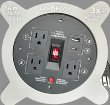 Link2Home 25ft. Cord Reel with 3 Outlets 2 USB
