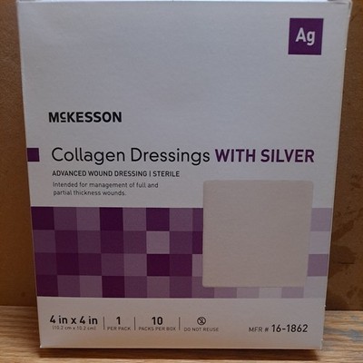 McKesson Silver Collagen Dressing  Non-adhesive No Border White 4x4 10pack box