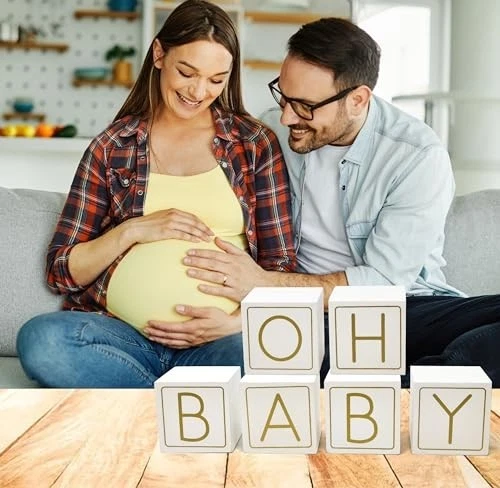 Bloques de letras de madera Oh Baby, bloques decorativos de 2,4 pulgadas para fiesta de revelación de género Foto 2 de 3