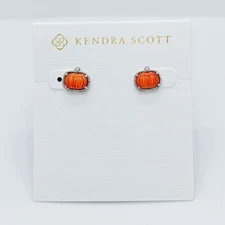 New Kendra Scott Pumpkin Silver Stud Earrings In Orange Shell