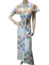 Vtg 70s M/L 2 Pc Knit OUTFIT Crop Top Tie Shirt MAXI SKIRT Patchwork Flutter Slv