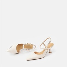 Womens Beige Low Kitten Heel Closed Pointed Toe Slingback Pumps Heels Size-8-NEW