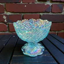 Carnival Glass Compote Pedestal Bowl Aqua Iridescent 4in Diamond Star Pattern
