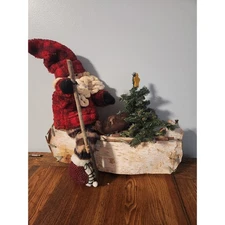 Christmas Santa Real Tree Bark Canoe Rustic Wood Woodland Primitive cabin Decor