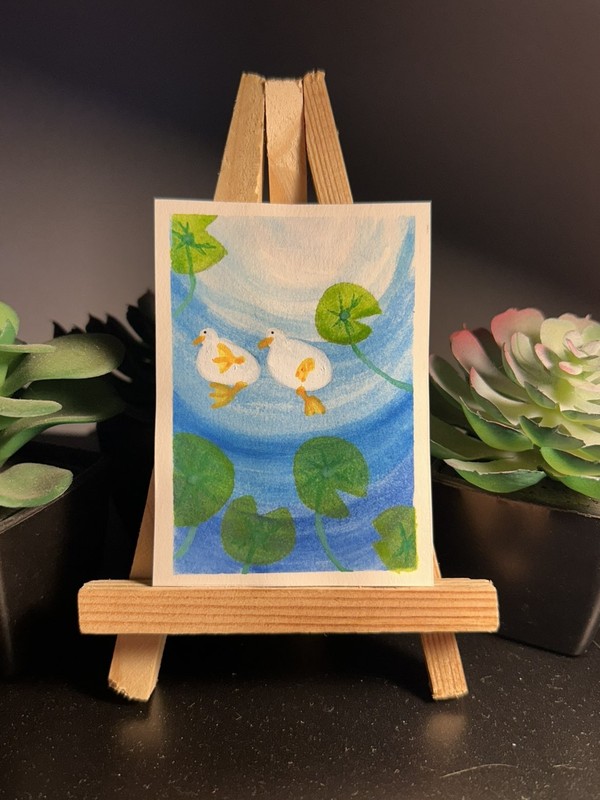 ACEO Original Painting "Under The Pond" Duck Lily Pond by Kayli Myers mockryann