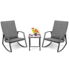 3 Piece Outdoor Rattan Rocking Chair Set with Glass Coffee Table Grey
