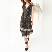 ULLA JOHNSON Zanna Silk Midi Dress Size 2 Small Milkmaid Ruffle Midnight Floral