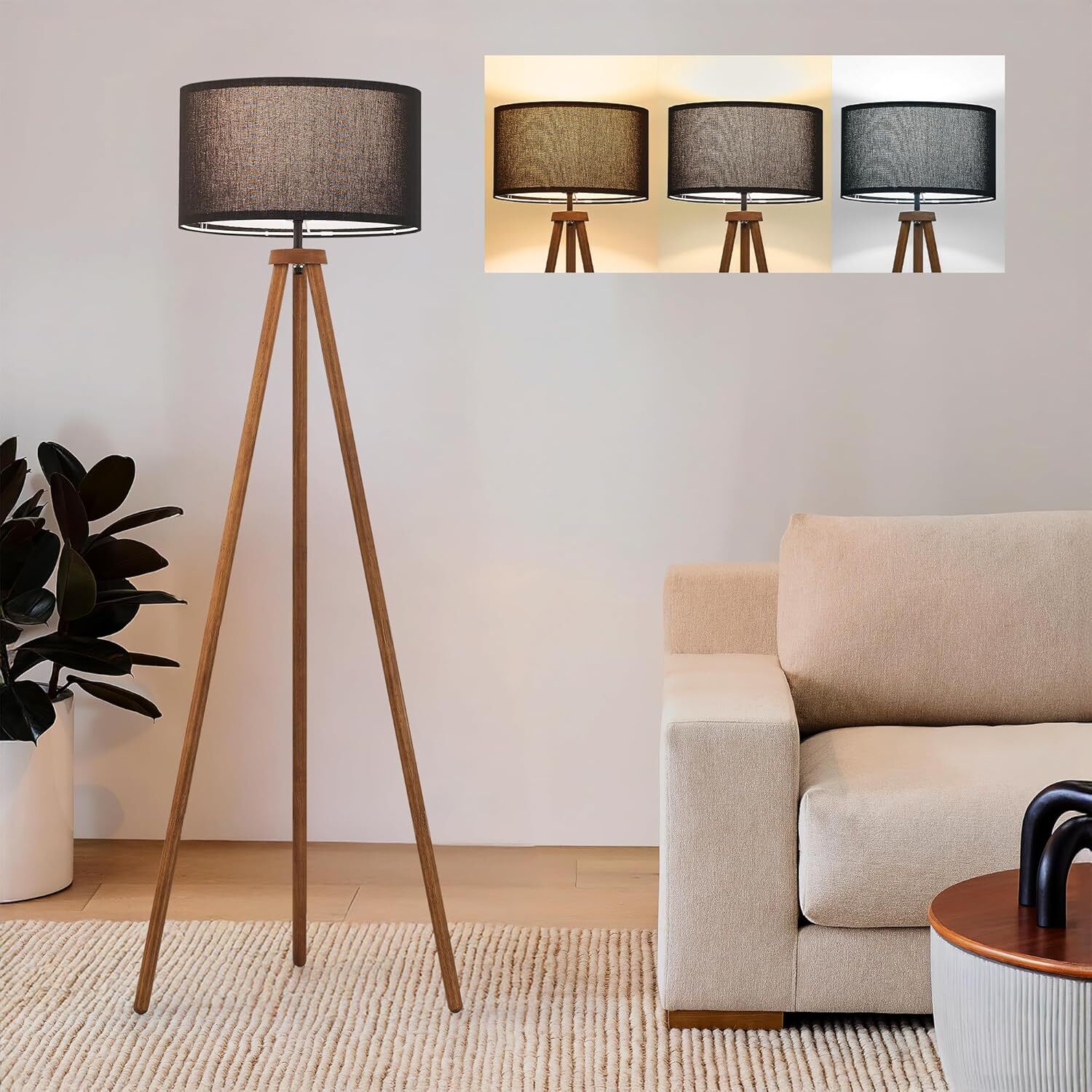 Wooden tripod floor lamp with black barrel linen shade