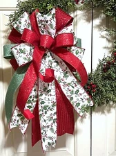 10 " x 20" HANDMADE HOLLY CHRISTMAS BOW for DOOR WREATH LANTERN GARLAND # 166 rb