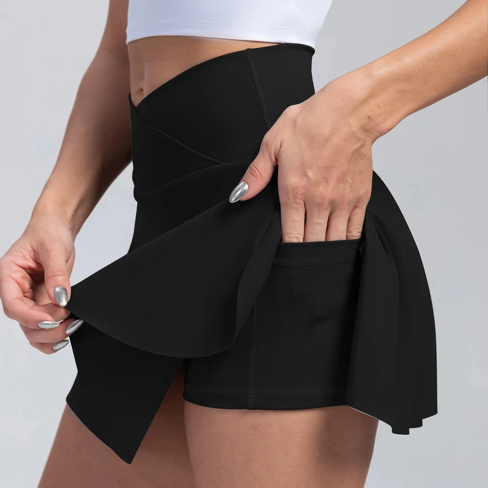 Pleated Tennis Skirt with Pockets Shorts Athletic Skirts Crossover High Waisted