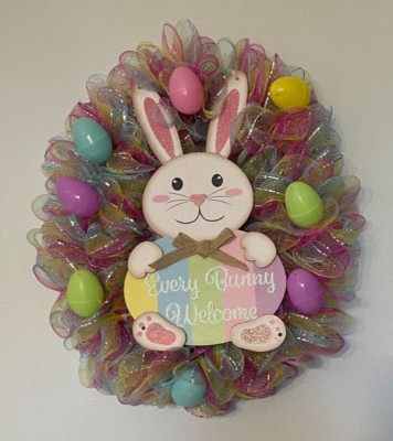 Easter, Bunny, Eggs, Spring, Hanging Wreath Mesh Handmade