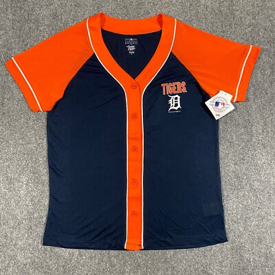 Detroit Tigers Jersey Shirt Womens Medium M Blue Orange MLB Baseball Mesh NWT