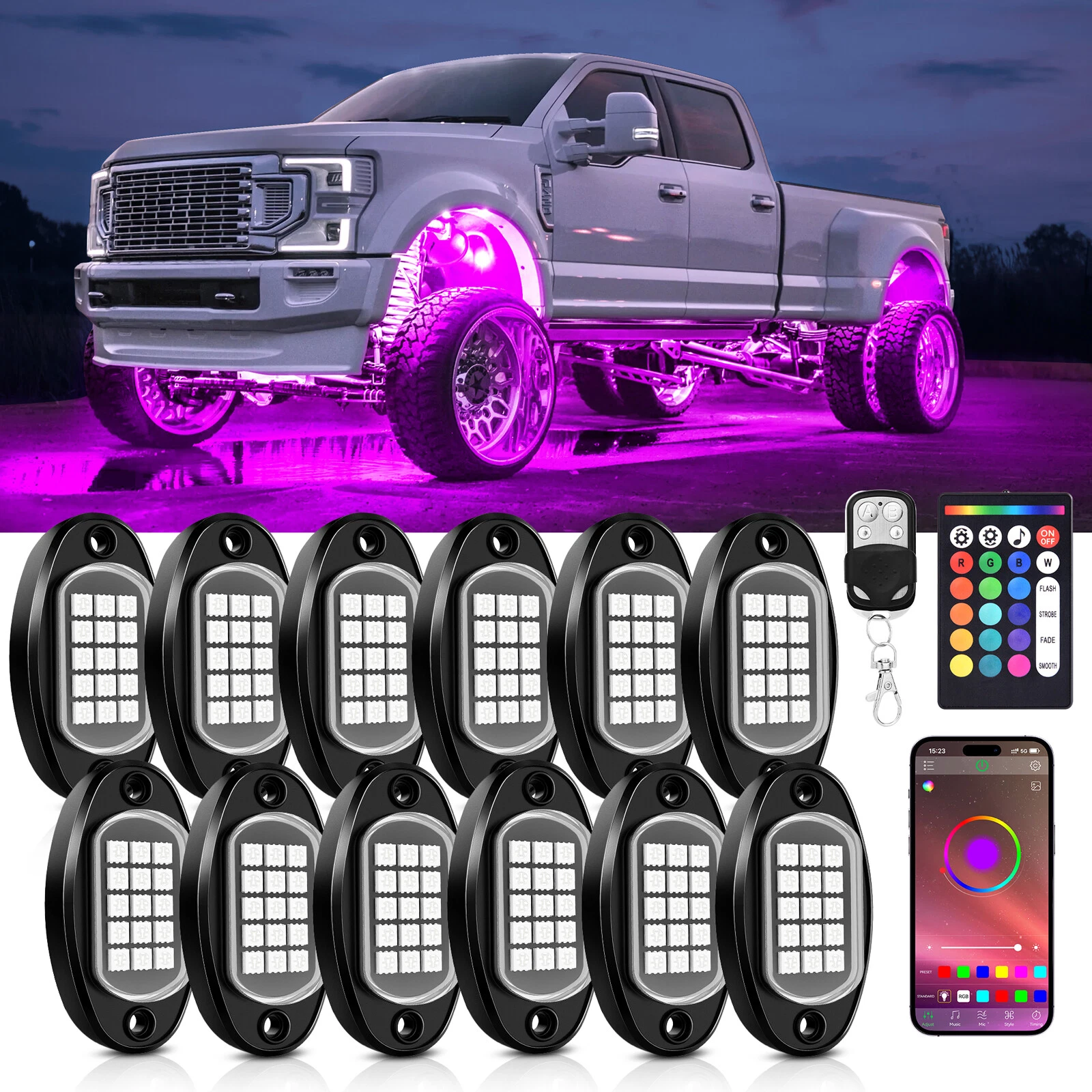 LED Rock Lights 12 Pod RGB Offroad Music Wireless Bluetooth Underglow Neon Light