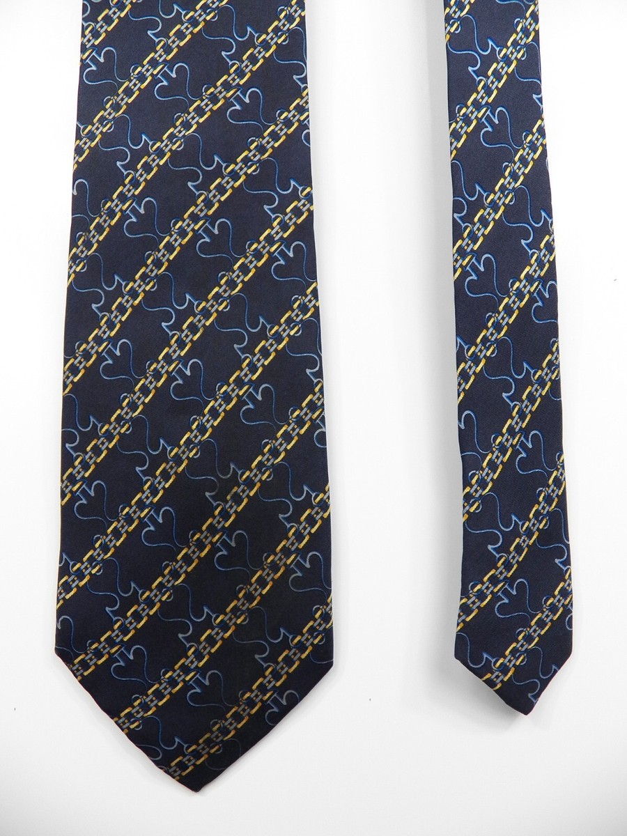 FENDI MENS 100% SILK NECK TIE BLUE GOLD CHAIN SPADES STRIPE LUXURY