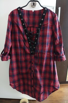 Plaid Lace Up Roll Up Sleeve Longline Blouse Lange Bluse Schwarz-Rot Gr. L