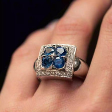 Modern Handmade Style Blue Sapphire  Old European Cut CZ 2.22TCW Square Ring