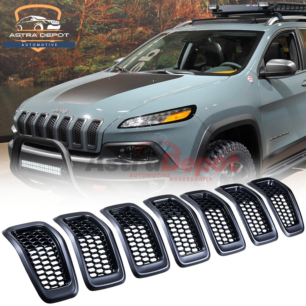 Astra Depot 7-Piece Retro Gray Grill Inserts For 2014-2018 Jeep Cherokee Front Grille - Honeycomb Mesh & Trim Covers
