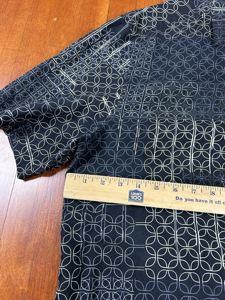 复古 Axis LA 短袖纽扣丝绸衬衫黑色印花男式 XL — 第 4/4 张图片