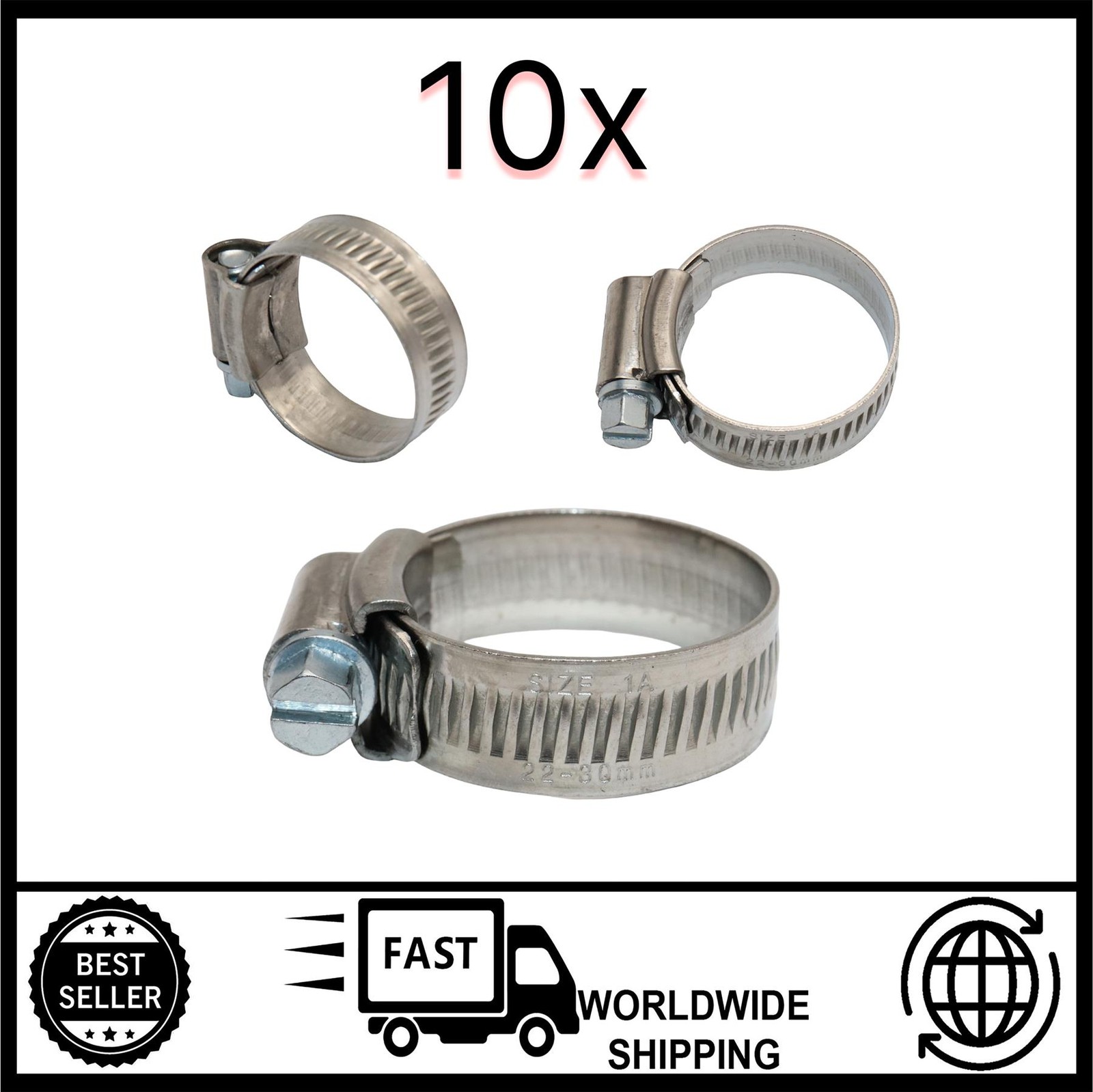 10x 304 Stainless Jubilee Clip 22–30mm Worm Drive Set