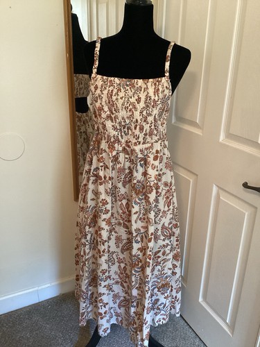 Antiguo Vestido de Sol Azul Marino Grande Cami Crema Floral MIDI Espalda Abierta Calado Ligero