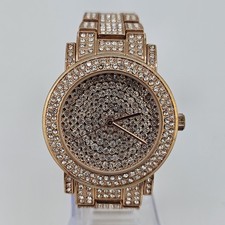 38MM Women's Watch Crytal Dial Bezel Gold Tone Bracelet Bands 6" New Battery
