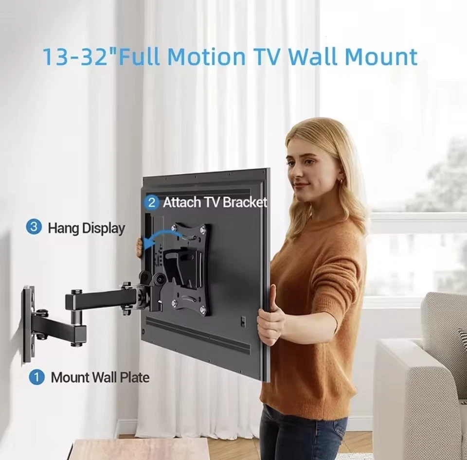 Full-Motion Wall Mount for 10–32 in Monitors & TVs, VESA 75/100, 22 lb - Image 2 of 4