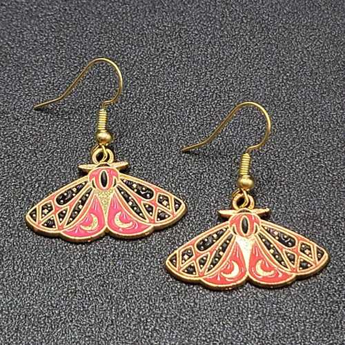 Moth Pierced Earrings Gold tone Pink Black Moons Enamel Dangle 5/8"