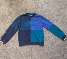 Nike Boys Fleece Colorblock Crewneck Pullover Sweatshirt Blue/Teal Logo L