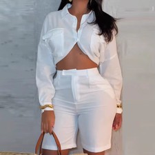 LONG SLEEVE SHIRT AND HIGH-WAIST SHORTS SET