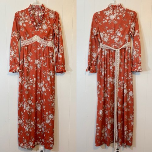 Maxi Vestido Floral De Colección Años 70 Cuello en V Cottagecore Boho Boda Pradera Gitano Encaje