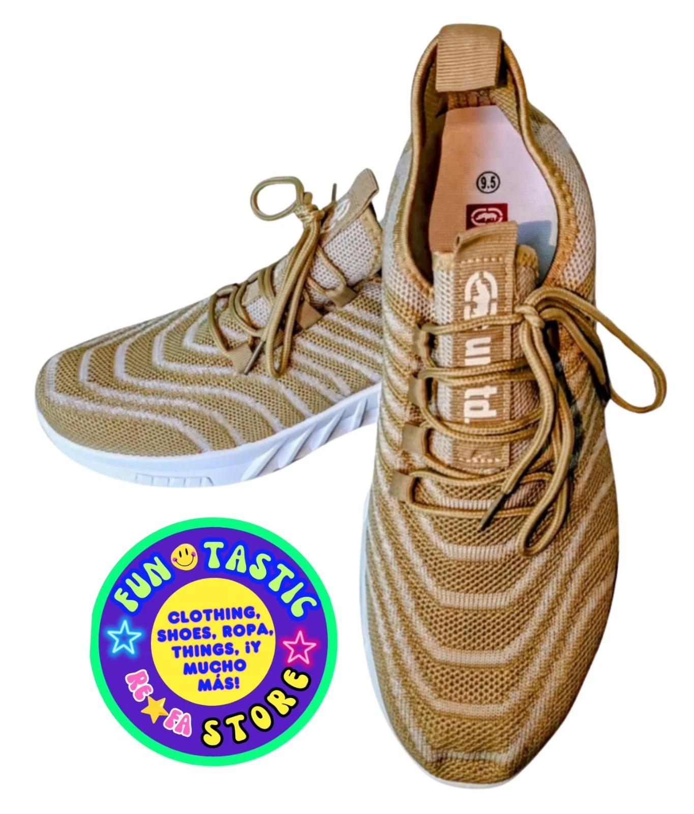 MEN'S SNEAKERS. ECKO UNLTD. WHITE TAN WAVY STRIPED. Sz 9.5 CUSHIONED. BREATHABLE