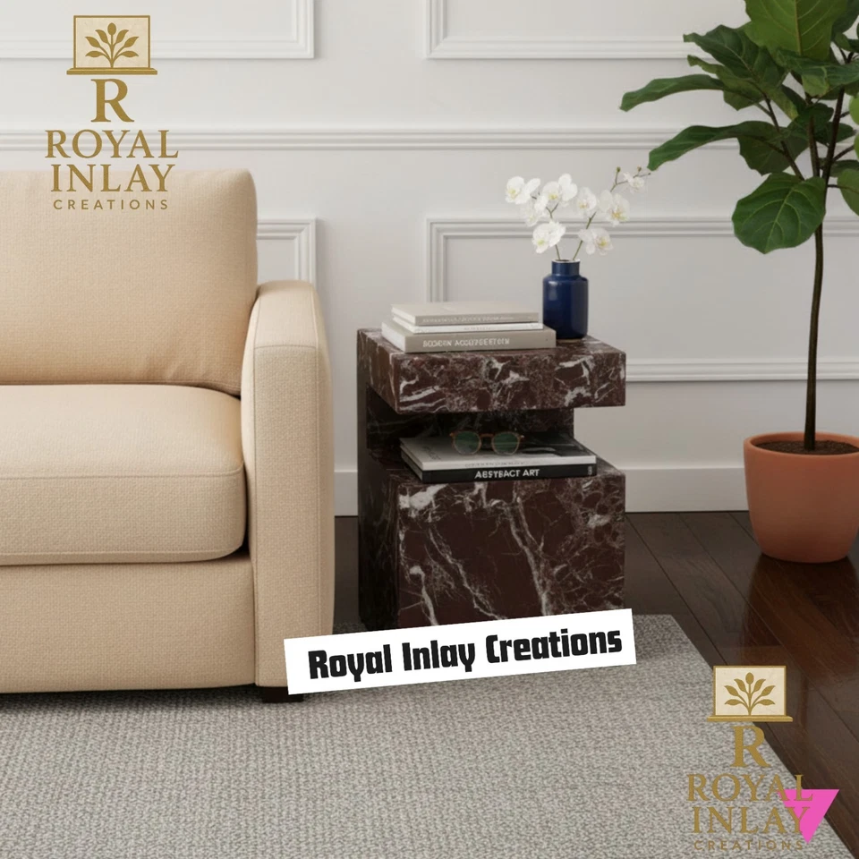 Rosso Levanto E Shaped Marble Pedestal Side Table - Red Marble Accent Table - Image 3 of 4