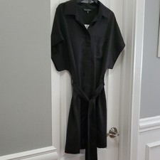 Dynamite Stella Women's Petites PS Black Satin Collared Belted Shirt Dress