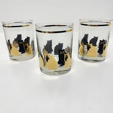 Vtg GEORGES BRIARD MSM Set of 3 Low Ball Cocktail Tumbler Black Gold Cat Glasses