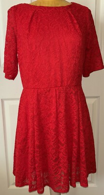 COPPER KEY Women's XL Red Lace Zip Up A Line Stretchy Party Dress 3/4 Sleeve EUC