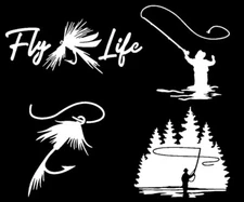Fly Fishing Decals 4 Pack: White Vinyl Decals Car Truck Window Laptop