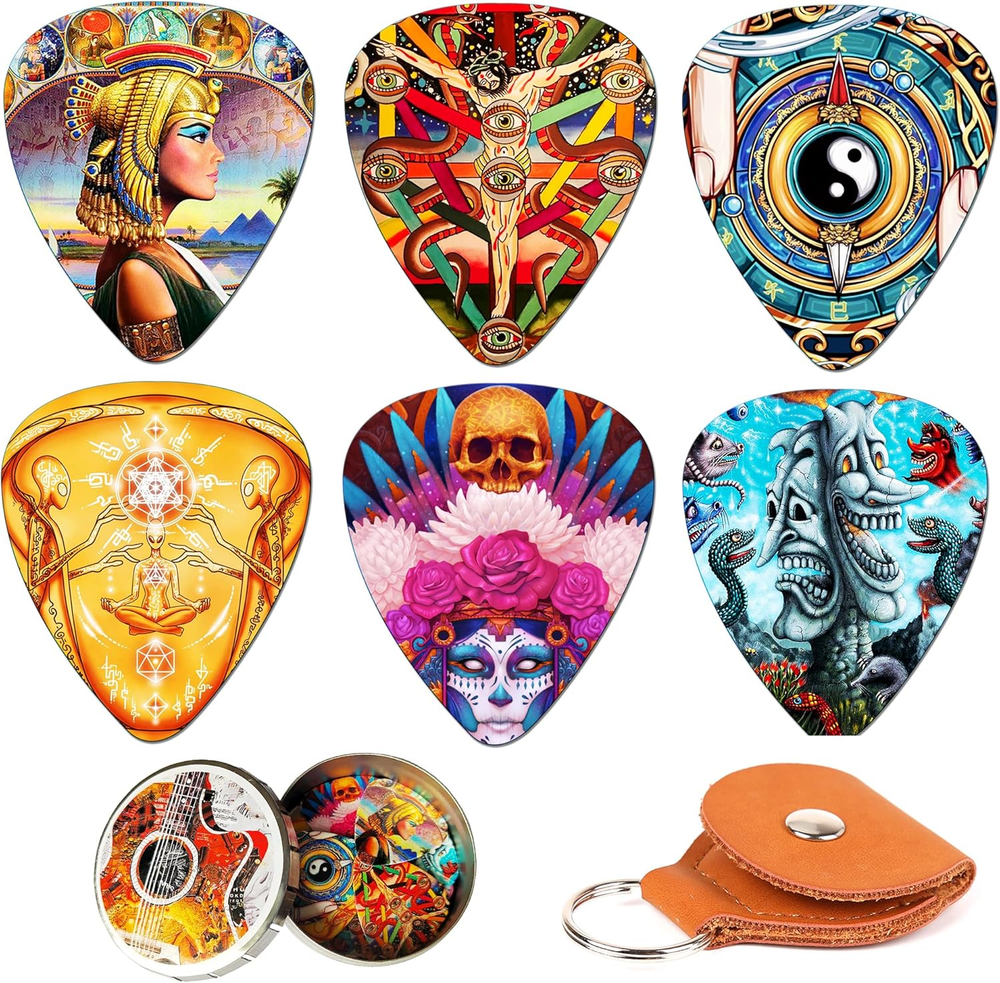 Guitar Picks 12 Medium Pack with Leather Picks Holder and Tin Box,Unique Artisti