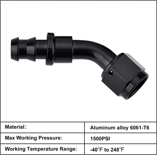 2 x 45 Degree Push on Lock Hose Fitting 6AN to 3/8 inch barb Fuel Line Fitting - Picture 5 of 8