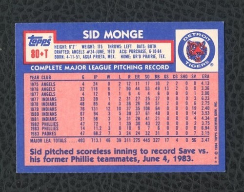 1984 TOPPS TRADED TIFFANY #80T SID MONGE DETROIT TIGERS - Picture 2 of 2