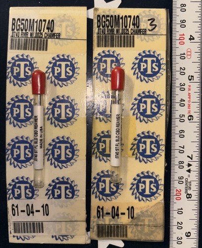 Two white rectangular PTS .0740 boxes with red solid carbide reamer, yellow logo, and “Made in U.S.A.” text.