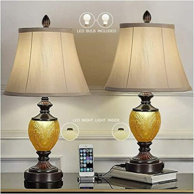 Bedside Table Lamp Set of 2 with Nightlight 2 USB Ports AC Power