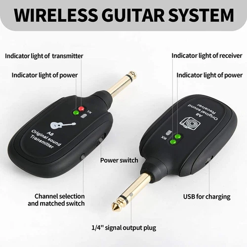 Guitar Wireless System Transmitter Receiver Built-in Rechargeable Battery Bass - Picture 2 of 5