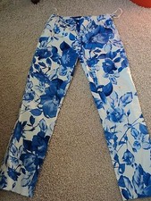 BOSTON PROPER WHITE BLUES FLORAL PATTERN TAPERED LEGS NO WAIST STRETCHY PANTS 2
