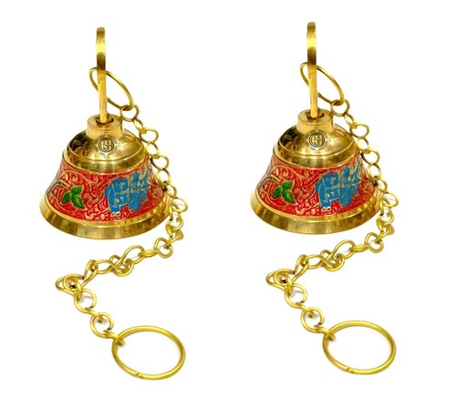 Pure Brass Temple Bells with Chain – Set of 2, Red Finish for Pooja Room Decor
