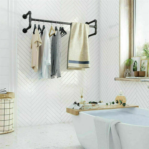 Detachable Wall Mount Clothes Rack Industrial Pipe Garment Bar Hanging Rod 2Base - Picture 6 of 12