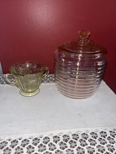 2 Pieces Depression Glass (beehive cookie Jar And Madrid Pattern Sugar Bowl)