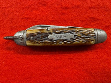 VINTAGE CAMILLUS 3 LINE STAMP BOY SCOUT OR CAMPING KNIFE, JIGGED BONE (314)