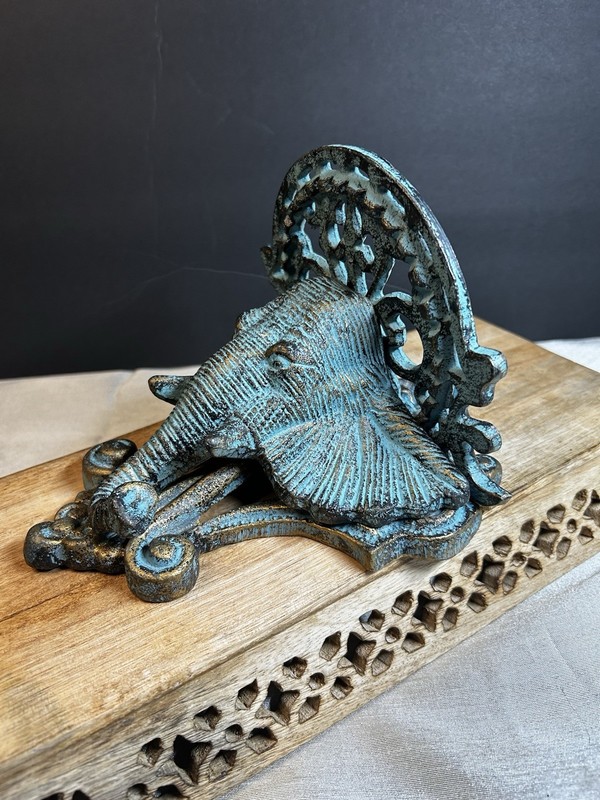 Antique Mid 20th Century Cast Iron Elephant Wall Shelf Victorian Style Verdigris