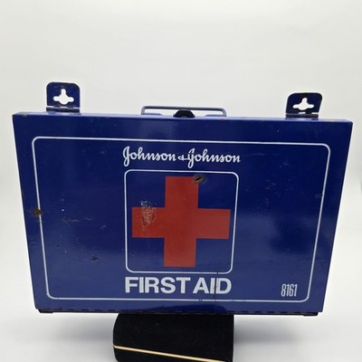 Vintage Wall Mount Johnson & Johnson First Aid Kit Blue Metal Box #8161 Rusty